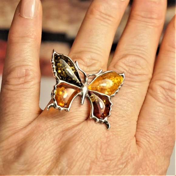 BALTIC AMBER STERLING BUTTERFLY RING SIZE 7.75 GIFT FOR WOMEN - Picture 2 of 13
